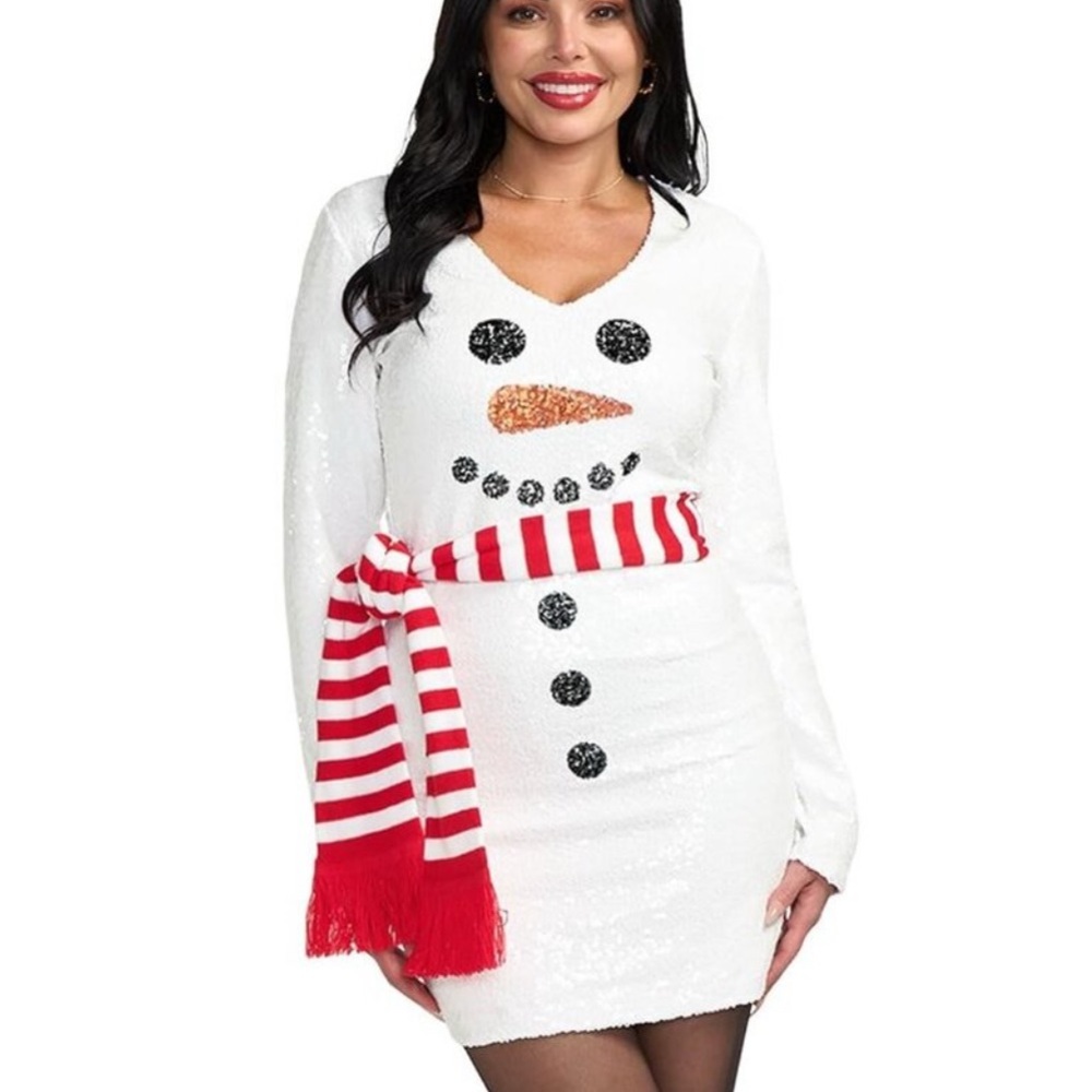Festive Snowman Sequin Mini Dress with Red Scarf Tipsy Elves